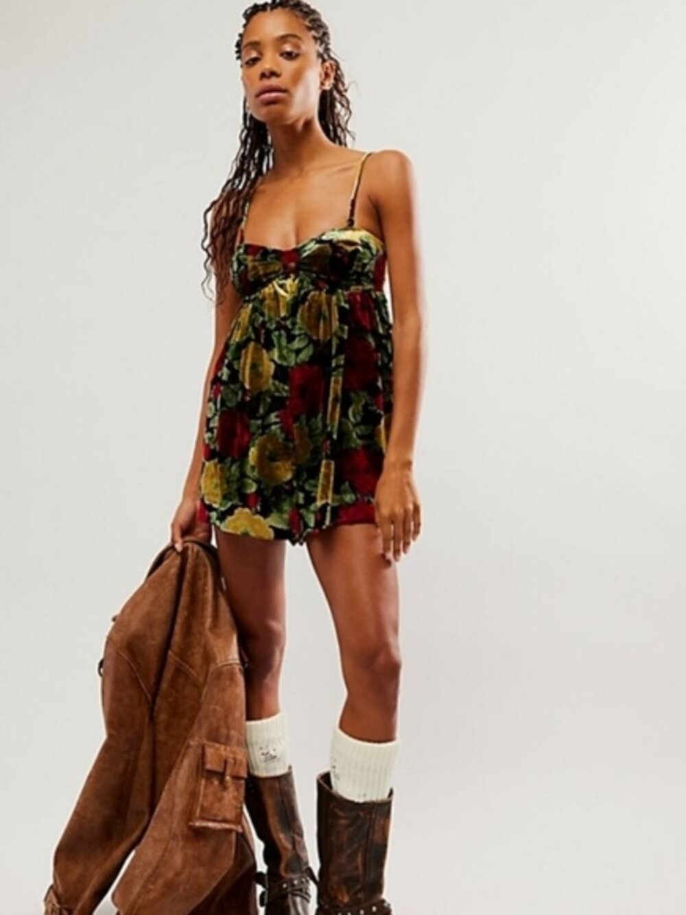 Free People Luna Velvet Romper In Washed Black Combo NWOT Size XS